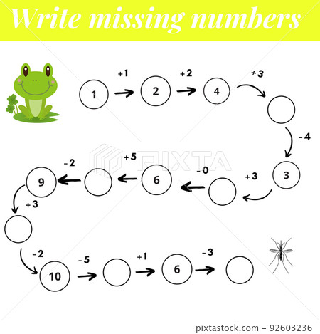 Mathematics educational game Complete the row, write missing numbers. Solve the equation and help frog find mosquito. Mathematics educational game Complete the row, write missing numbers. Solve the equation and help frog find mosquito. 92603236