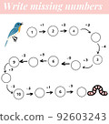 Mathematics educational game. Complete the row, write missing numbers. Solve the equation and help bird find worm 92603243