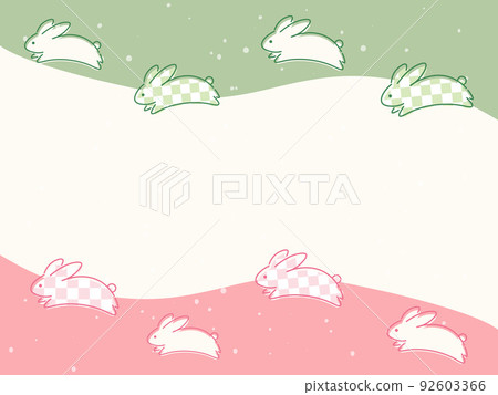 Rabbit illustration and Japanese-style background frame checkered pattern pink green Rabbit illustration and Japanese-style background frame checkered pattern pink green 92603366