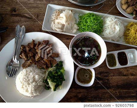 top view Thai food rice. on a wooden table. 92603798