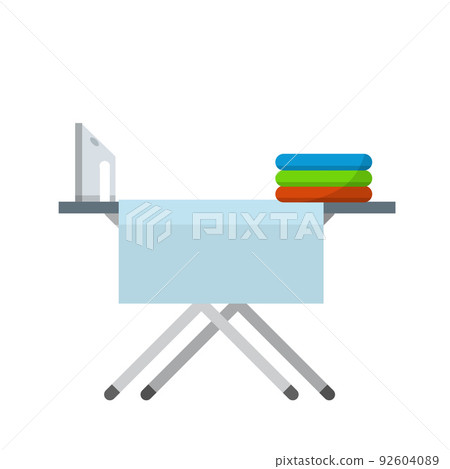 Ironing Board with iron and folded linen. 92604089