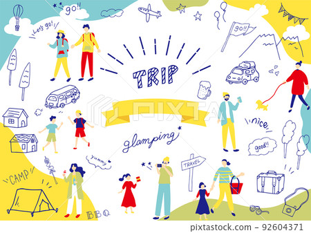 戶外野營人和手繪圖標集 92604371