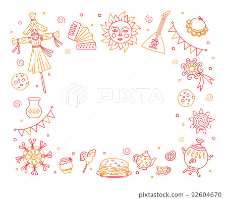 Maslenitsa or Shrovetide. Frame for Wide pancake week. Vector illustration on doodle style Maslenitsa or Shrovetide. Frame for Wide pancake week. Vector illustration on doodle style 92604670