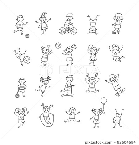 Active children play, run and jump. Happy cute doodle kids. A set of isolated characters. Vector illustration i Active children play, run and jump. Happy cute doodle kids. A set of isolated characters. Vector illustration i 92604694