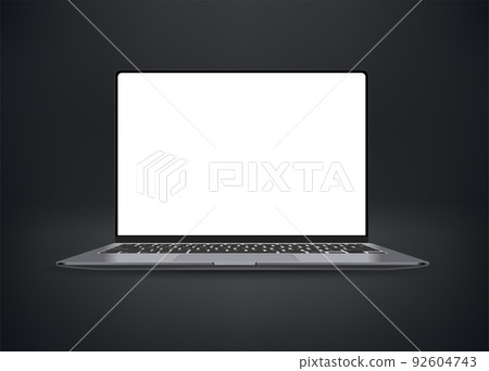 Black laptop with white blank screen on black background. 3d vector mockup Black laptop with white blank screen on black background. 3d vector mockup 92604743