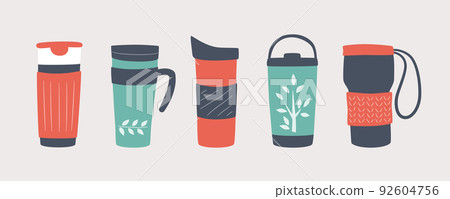 Reusable cups, thermo mug and tumblers with cover. Set of vector illustrations 92604756