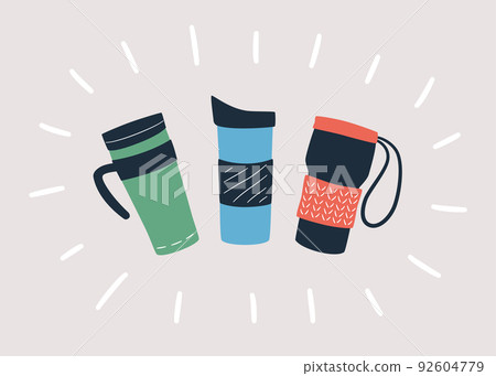 Reusable cups, thermo mug and tumblers with cover for take away hot coffee or tea. Hand drawn object. Vector Reusable cups, thermo mug and tumblers with cover for take away hot coffee or tea. Hand drawn object. Vector 92604779
