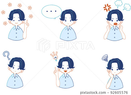 一個穿著襯衫的女人的各種面部表情的插圖集 一個穿著襯衫的女人的各種面部表情的插圖集 92605576