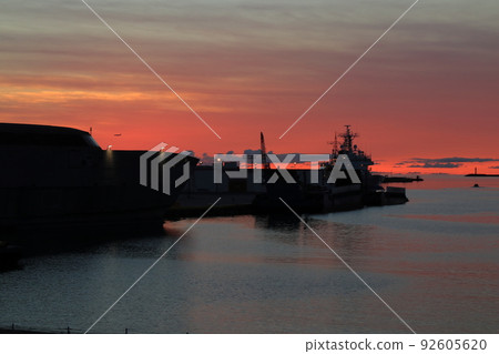 Evening view of Naha Port dyed in a beautiful sunset Evening view of Naha Port dyed in a beautiful sunset 92605620