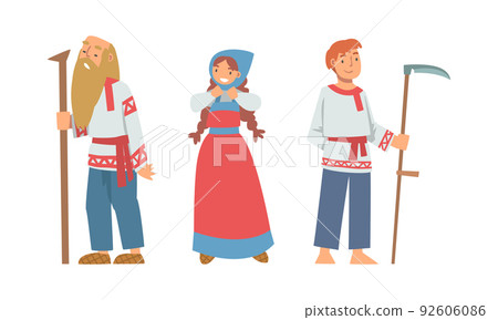 Slav or Slavonian Man and Woman Character in Ethnic Clothing Vector Set 92606086