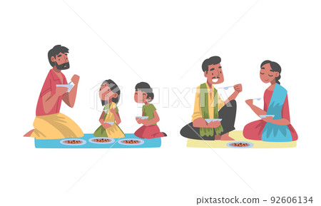 Indian Family with Little Kids Sitting on the Floor Having Meal Together Vector Set Indian Family with Little Kids Sitting on the Floor Having Meal Together Vector Set 92606134