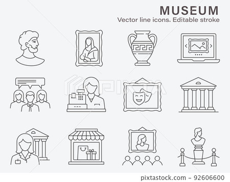 Museum icon set. Collection of sculpture, history, antique, gallery and more. Vector illustration. Editable stroke. 92606600
