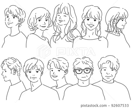 A group of 5 middle-aged men and 5 women lined up | Line drawing with transparent background 92607533