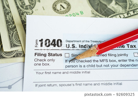 Tax form 1040 U.S. Individual Income Tax Return, business finance concept. 92609325