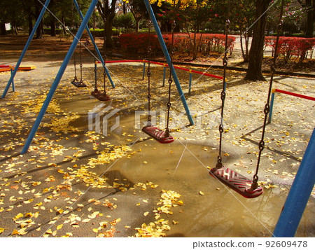 12 月雨後清晨的公園風景與鞦韆 12 月雨後清晨的公園風景與鞦韆 92609478