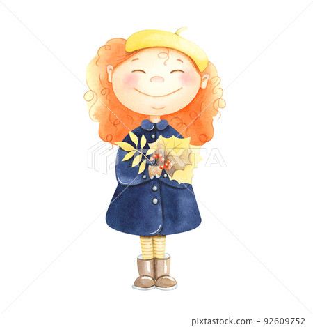 Happy girl in coat and beret with autumn leaves Watercolor illustration. Happy girl in coat and beret with autumn leaves Watercolor illustration. 92609752