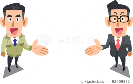 A set of a man in a construction shop and a man in a suit A set of a man in a construction shop and a man in a suit 92609852