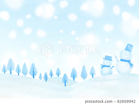 Snow country, snow scene, snowman, hand-painted watercolor Snow country, snow scene, snowman, hand-painted watercolor 92609942