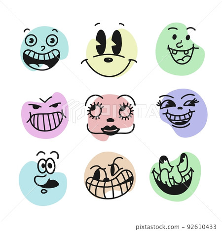 Smiley face retro emoji. Faces of cartoon characters from the 30s. Vintage comic smile vector illustration 92610433