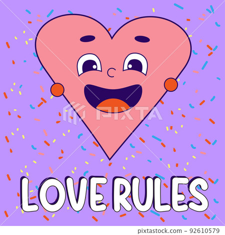 Funny cartoon character. Groovy element funky heart. Love rules. Vector illustration trendy retro cartoon style. Comic element for sticker, square poster, graphic tee print, card. 92610579
