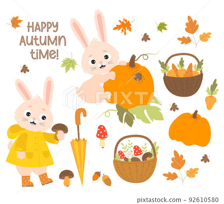 Set Happy autumn time. Cute rabbit in raincoat and rubber boots collects mushrooms and bunny with big pumpkin. Basket with mushrooms, carrots and falling autumn leaves. Vector illustration. Isolated. 92610580