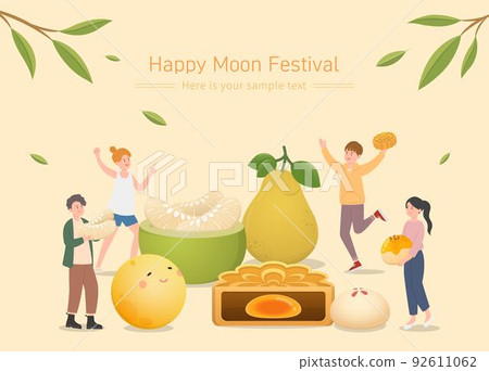 Happy friends and family celebrating mid-autumn festival, moon cake with pomelo and moon, vector poster 92611062