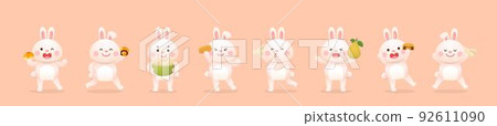 亞洲傳統節日中秋節,一組兔子與中秋節元素:月餅與柚,吉祥物卡通人物 92611090