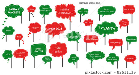 Christmas photo prop speech bubble collection. Editable stroke text. Vector stock illustration isolated on white background for Xmas and New Year photobooth selfie. EPS10 92611139