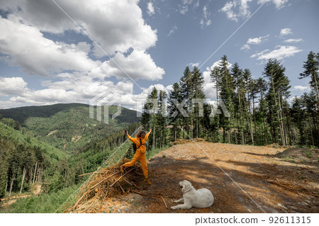 Person traveling with a dog in the mountain forest 92611315