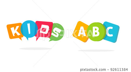 Kid care logo for child kindergarten preschool vector icon or baby speaking talking school and play zone cartoon fun bubbles logotype, funny colorful study or learning education children element image 92611384
