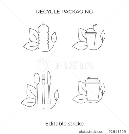 Fast food and take away eco packaging symbol for restaurant, cafe, bistro and diner. Plastic free and recyclable. Editable stroke. Vector stock illustration isolated on white background. EPS10 Fast food and take away eco packaging symbol for restaurant, cafe, bistro and diner. Plastic free and recyclable. Editable stroke. Vector stock illustration isolated on white background. EPS10 92611529