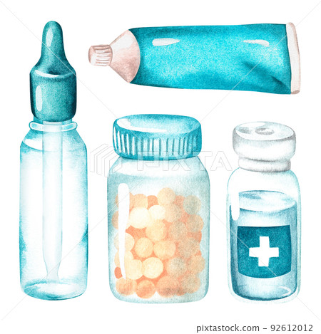 Medical kit set. Watercolor illustration. Isolated on a white background. 92612012