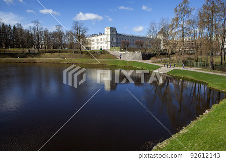 Picturesque view of the Great Gatchina Palace and Karpin Pond. Palace park. Gatchina. Leningrad region. Russia Picturesque view of the Great Gatchina Palace and Karpin Pond. Palace park. Gatchina. Leningrad region. Russia 92612143