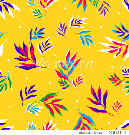 bright multicolored leaves of tropical plants forming seamless pattern on yellow background 92612144