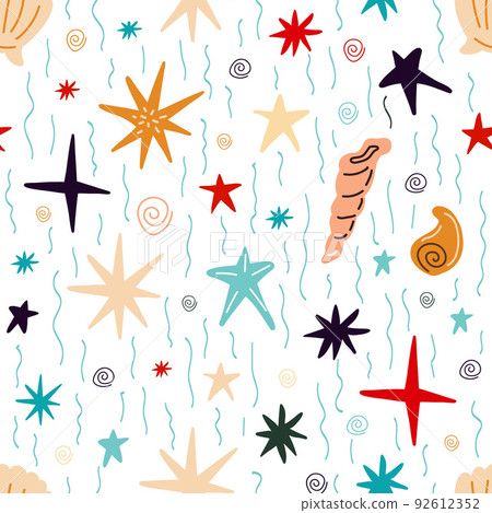 Seamless pattern with shells, corals, starfish on a blue background Seamless pattern with shells, corals, starfish on a blue background 92612352