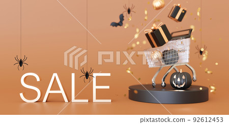 Shopping cart, trolley with gift boxes, Halloween decoration and text SALE on orange background. Halloween shopping, sale. Special offer, good price, deal. Banner with copy space. 3D rendering. Shopping cart, trolley with gift boxes, Halloween decoration and text SALE on orange background. Halloween shopping, sale. Special offer, good price, deal. Banner with copy space. 3D rendering. 92612453