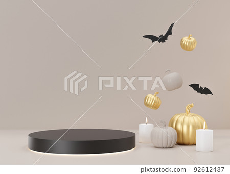 Black podium with Halloween decoration on beige background. Halloween composition. Scene for product, cosmetic presentation. Trendy mock up. Pedestal, platform, stage for beauty product. 3D rendering 92612487