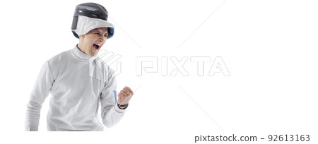 Flyer with portrait of professional male fencer in fencing costume and mask holding smallsword isolated on white background. Sport, winner emotions 92613163