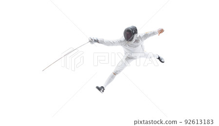 Aerial view of male fencer in fencing costume and mask holding smallsword and training isolated on white background. Sport, energy, skills Aerial view of male fencer in fencing costume and mask holding smallsword and training isolated on white background. Sport, energy, skills 92613183