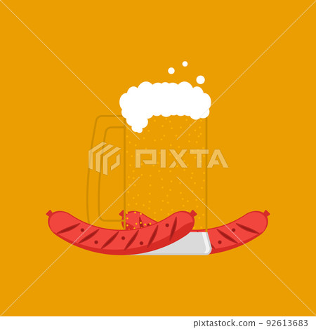 Transparent glass with beer and two sausages. Beer mug with foam, bubbles and  snack. Vector flat isolated illustration. 92613683