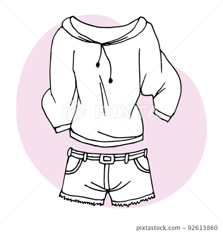 Outline drawing of women's clothing, blouse and shorts. Line drawing by hand for coloring. Print, illustration, vector 92613860