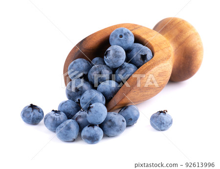 Fresh blueberry in wooden scoop, isolated on white background. Bilberry or whortleberry. Fresh blueberry in wooden scoop, isolated on white background. Bilberry or whortleberry. 92613996
