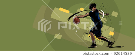 Sport collage with professional basketball player in action, motion with ball isolated on retro colors geometric background. Art, creativity and ad Sport collage with professional basketball player in action, motion with ball isolated on retro colors geometric background. Art, creativity and ad 92614589