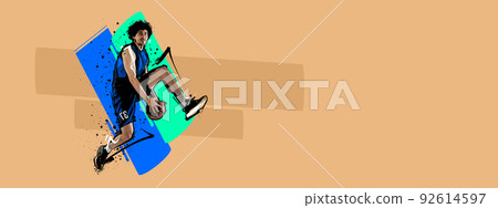 Sport collage with professional basketball player in action, motion with ball isolated on retro colors geometric background. Art, creativity and ad 92614597