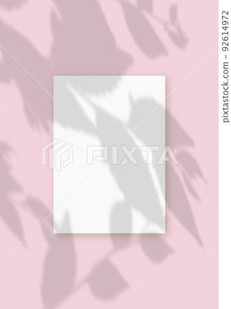 A vertical A4 sheet of white textured paper on the pink wall background. Mockup overlay with the plant shadows. Natural light casts shadows from a leaves branches of tree. Flat lay, top view 92614972