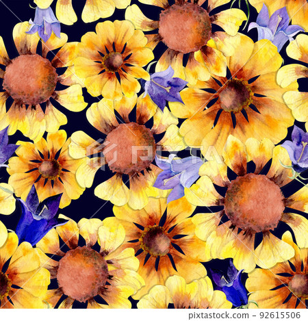 Watercolor hand drawn seamless pattern with autumn bellflower and zinnia flowers. Isolated on white background. Design for invitations, wedding or greeting cards, wallpaper, print, textile, fabrics Watercolor hand drawn seamless pattern with autumn bellflower and zinnia flowers. Isolated on white background. Design for invitations, wedding or greeting cards, wallpaper, print, textile, fabrics 92615506