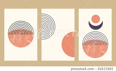 Abstract aesthetic boho textured background with arch and sun. Vector wall decor in terracota color. Mid century modern minimalist art design. Abstract aesthetic boho textured background with arch and sun. Vector wall decor in terracota color. Mid century modern minimalist art design. 92615805
