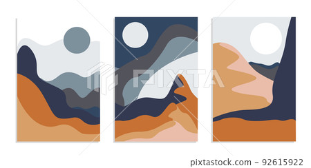 Desert abstract boho landscape with sun and moon. Abstract vector contemporary aesthetic background in Earth tones. Set of posters. Desert abstract boho landscape with sun and moon. Abstract vector contemporary aesthetic background in Earth tones. Set of posters. 92615922
