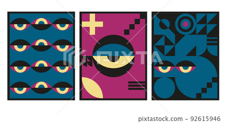 Bauhaus geometric design with eyes elements. Primitive modern shapes and forms. Vector interior posters, covers, banners. Bauhaus geometric design with eyes elements. Primitive modern shapes and forms. Vector interior posters, covers, banners. 92615946