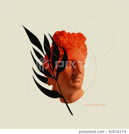 Contemporary art collage. Modern design work in neon trendy colors. Ancient statue bust and plants over colored background with copy space. 92616174